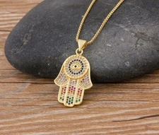 Fashion Jewelry Gold Cubic Zircon Hamsa Hand Evil Eye Rainbow Necklace 241