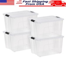Clear Plastic Storage Tote Bins W/ Lids Stackable Durable Organization 4Pk New