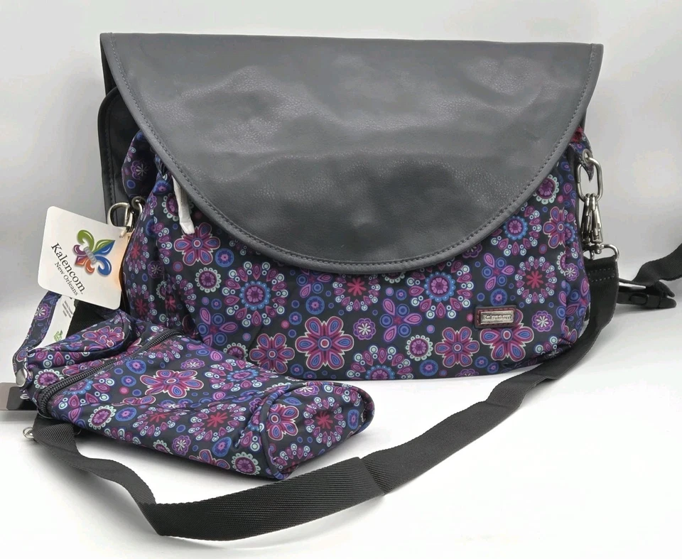 Kalencom Sidekick Diaper Bag Purple Pink Flowers Changing Pad Pockets Crossbody - Image 3 of 4