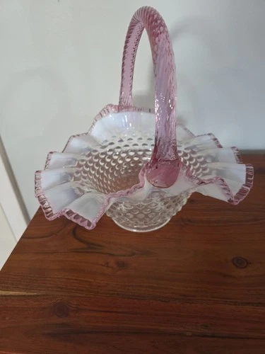 Fenton French Opalescent Hobnail Large Basket with Pink Lavendar Crest Handle