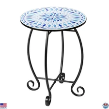 Chic 14" Round Outdoor Side Table, Scrollwork, Ceramic Tile Top & Metal Frame