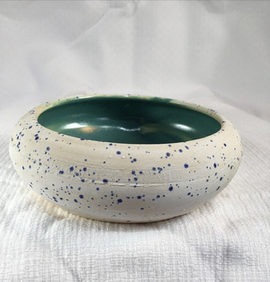 Handmade Studio Art Pottery Bowl Green Inside Blue Matte Speckled 1.75in H X 5 W