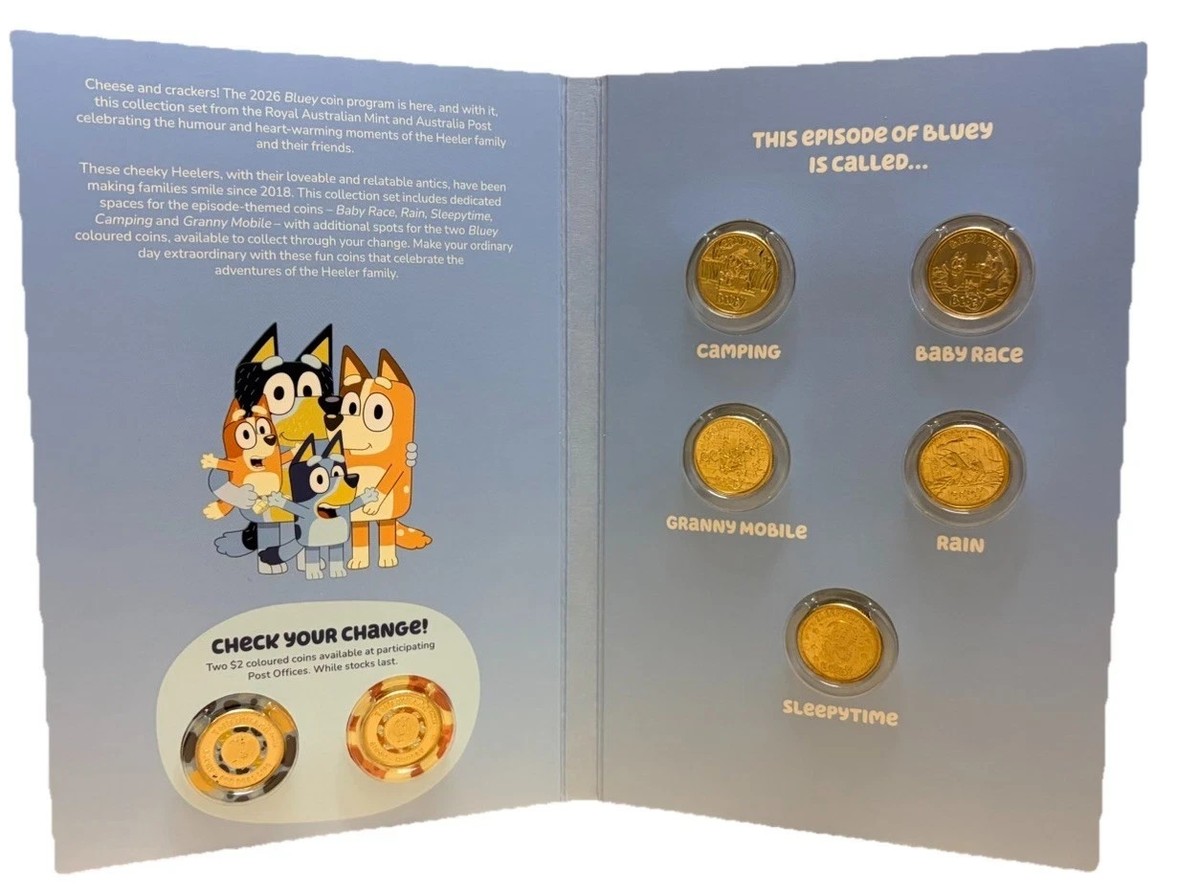 2026 Bluey $2 5-Coin Set Sealed + 2 Colour Coin fr Till + Folder