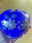Fenton QVC Cobalt Blue Overlay Cased Glass Rose Bowl HP Pink Daisies Signed 1995