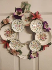 Handmade Tea Themed Wreath With Vintage Porcelain Saucers & Silk Flowers & Birds