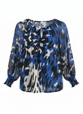 Calvin Klein Blue Black White Abstract Print Long Sleeve Blouse