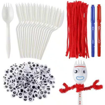 Red Multicolor Disposable Craft Spork Kit Creative Tableware Set with Googly Eye