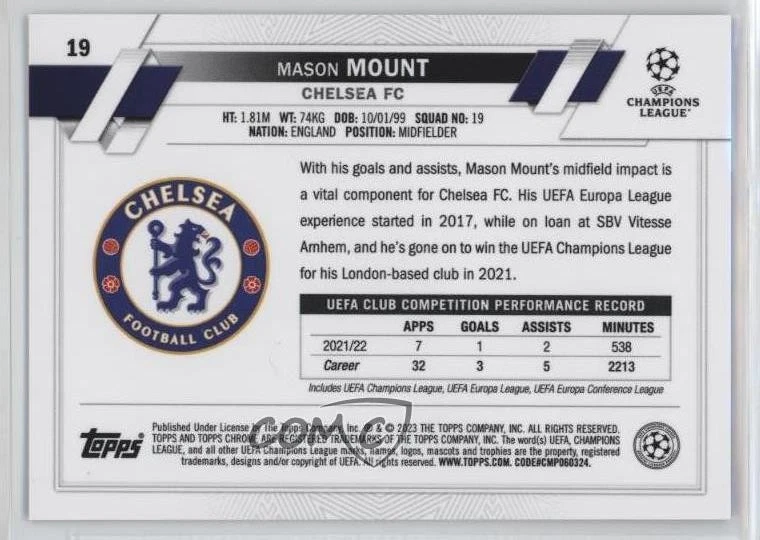2022-23 Topps Chrome Sapphire Edition UEFA Club Competitions Mason Mount #19 - Image 2 of 2