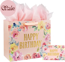 13" Large Happy Birthday Gift Bag with Card and Tissue Papers, Handles Floral De
