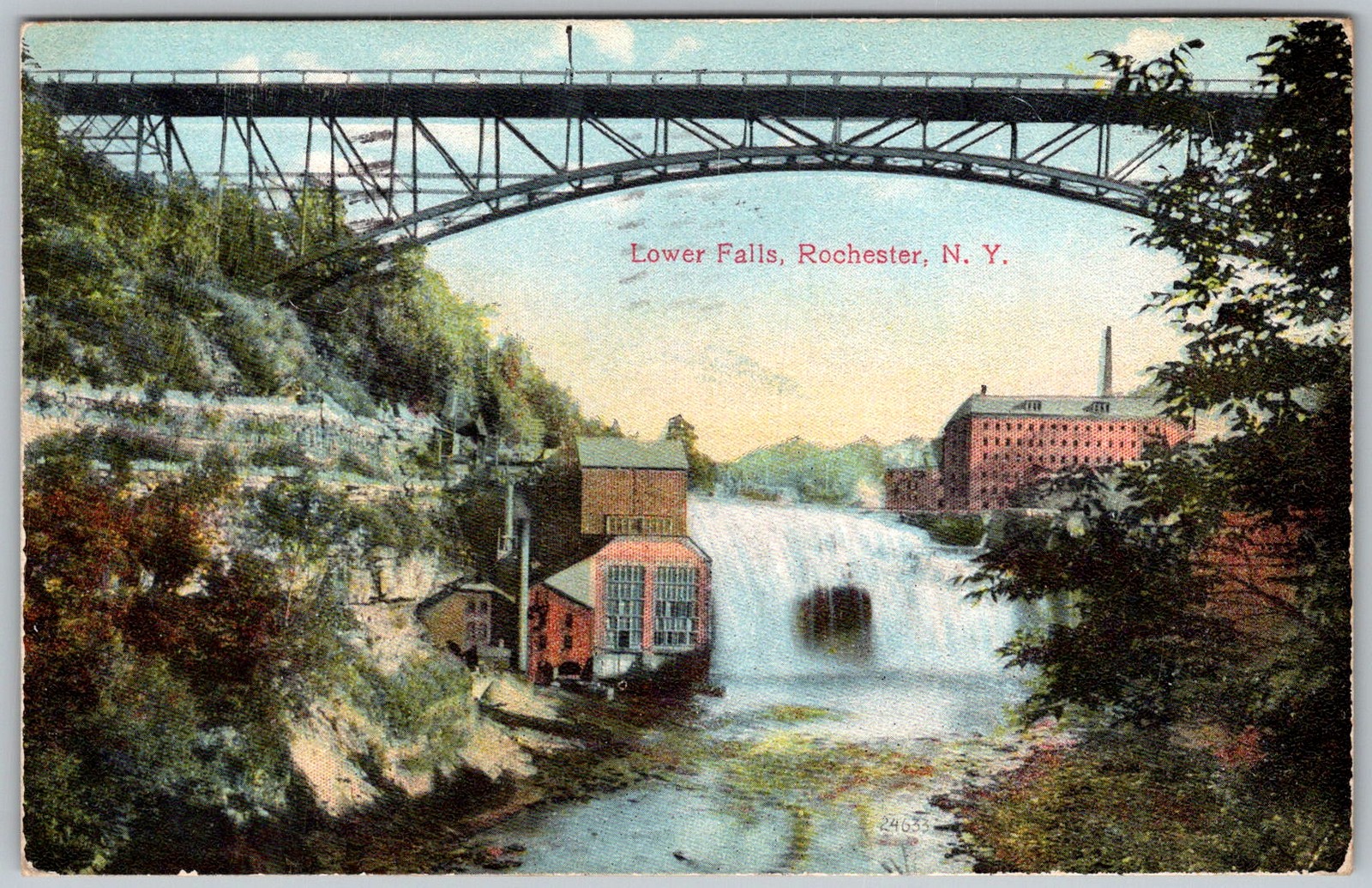 Antique Postcard Lower Falls Bridge Waterfall Rochester, NY 1910s