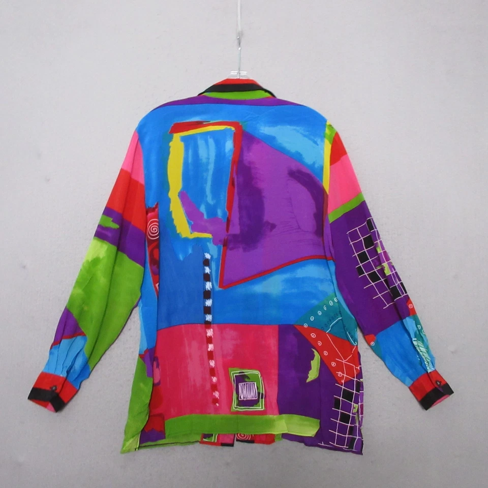 Top de piano vintage grande de seda colorido brillante raro artístico declaración años 80 abotonado Foto 2 de 4