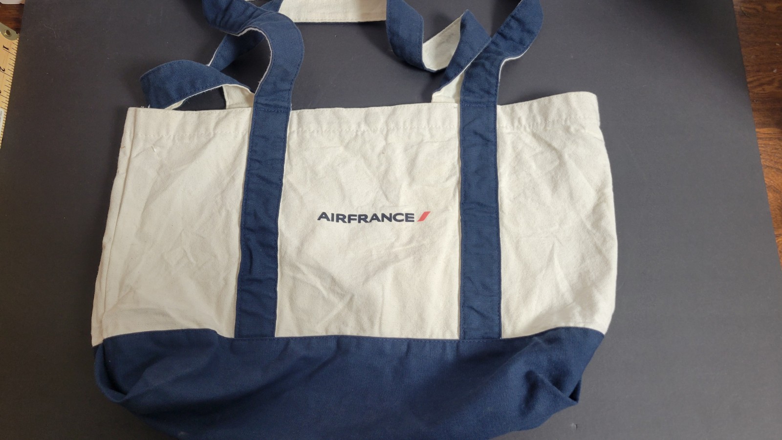 Bolso de Mano de Lona Raro Air France Promoción de Aerolínea Azul Crema ~ 18 x 14 x 6 Viaje