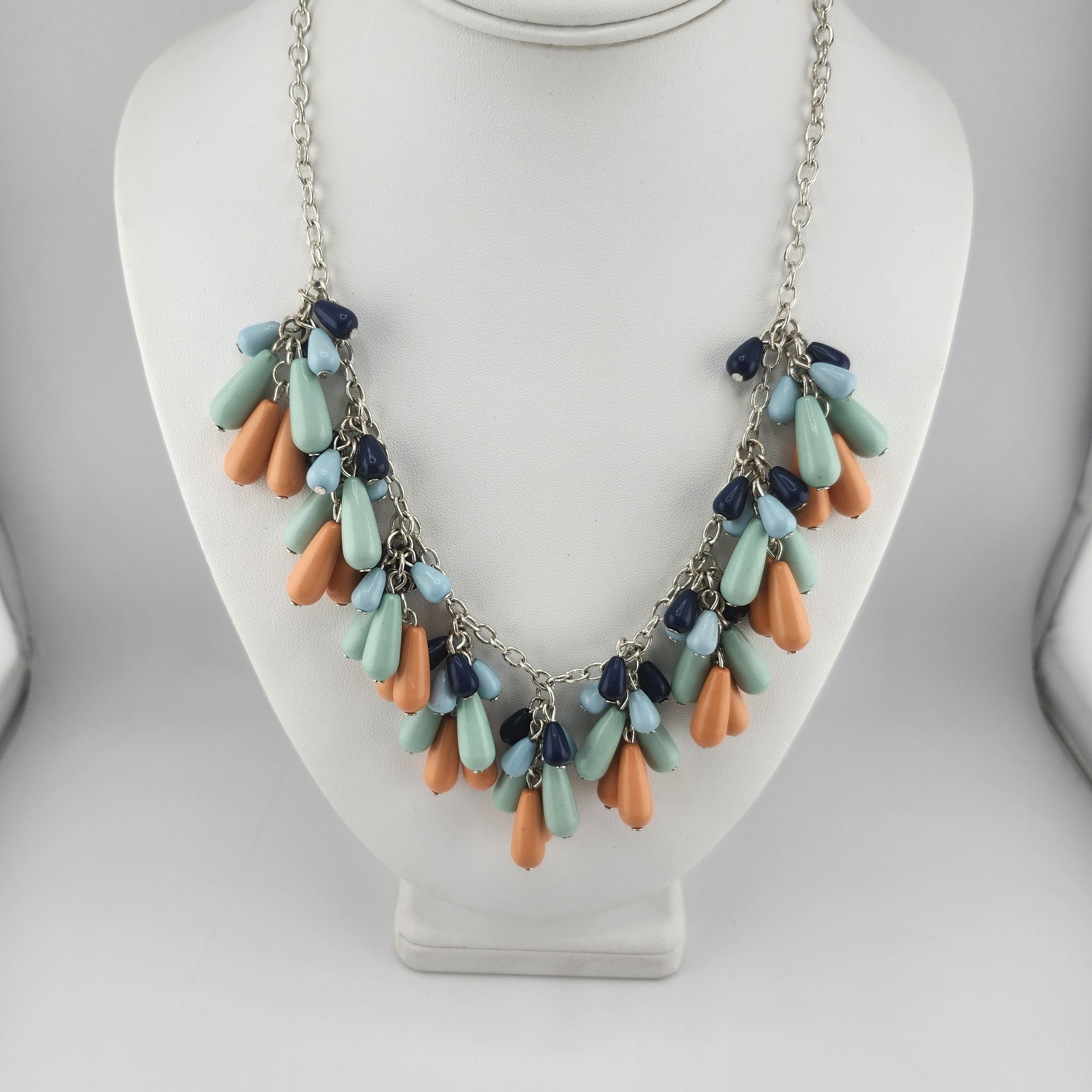 Blue Teal Orange Bead Dangle Statement Necklace - image 1