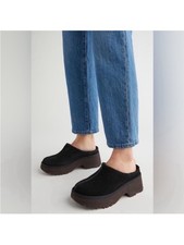UGG New Heights Platform Cozy Clog Slippers Black Shearling Lined Women s 9