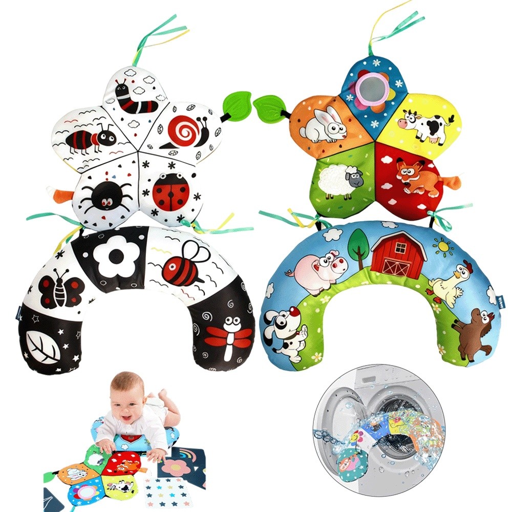 Baby Spielmatte Tummy Time Kissen Sensorisches Kontrast-Muster Knisterspielzeug