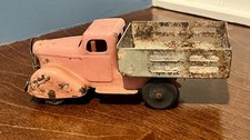 Vintage Steel Toy Dump Truck Pink and White 5 Inch Antique Vehicle