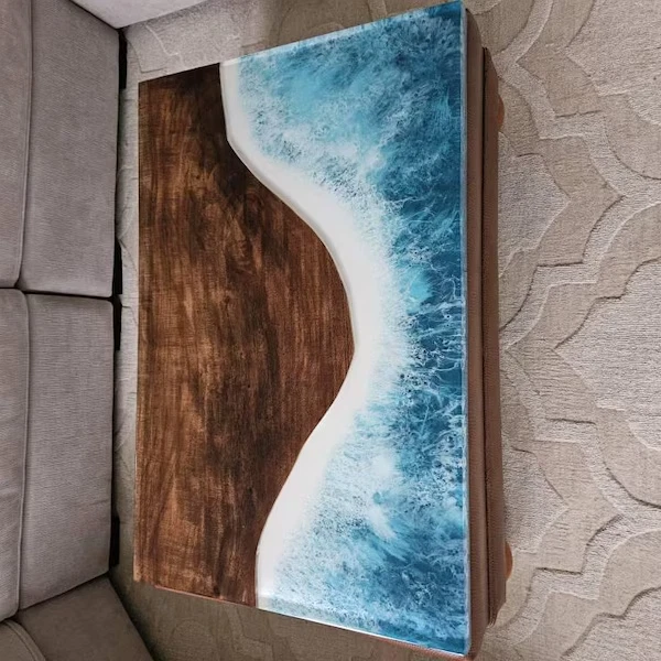 36"x24" Ocean Wave Resin Epoxy Wood Center Dining Table Kitchen Slab Furniture - Image 2 of 4