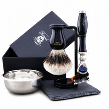 Premium 4PCS Silvertip Badger Hair Shaving Kit with 5 Edge Razor, Stand Bowl