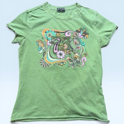 FANG GLAM Shirt Teens L Green Floral Rhinestone Baby Doll Short Sleeve Y2K