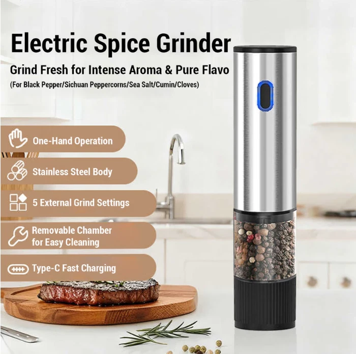 Professional Rechargeable Electric Spice Grinder – Stainless Steel & ABS Edition