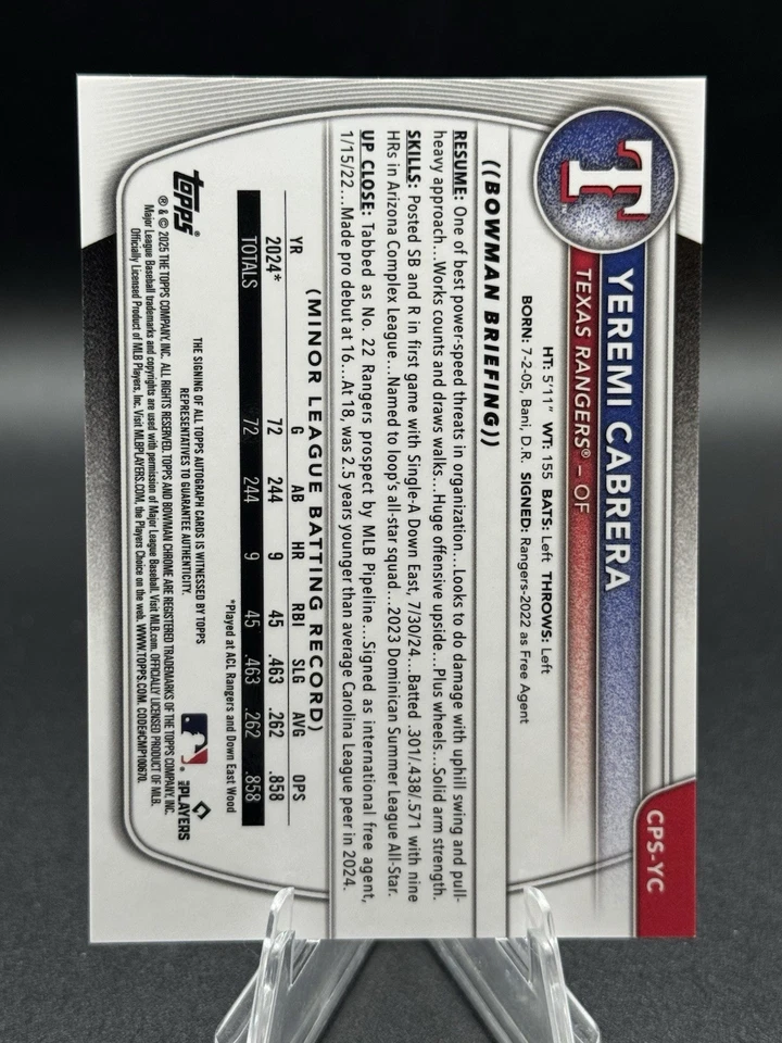 Bowman 2025 cromo zafiro Yeremi Cabrera 1st Bowman automático/199 Rangers #CPS-YC Foto 2 de 2