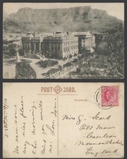 Südafrika KE7 1d 1910 alte Postkarte Parlamentsgebäude, Tafelberg Kapstadt