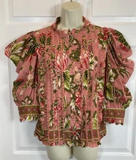 Farm Rio Large Pink Floral Ruffle Blouse Puff Sleeve Button Front Boho Top