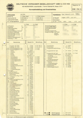 Datenblatt Einstelldaten Solex 35 PDSI Vergaser - Opel Rekord II 19N / 9276060A