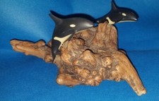 Vtg John Perry Studio Orca Killer Whale & Baby Burl Wood Sculpture Ocean TB17