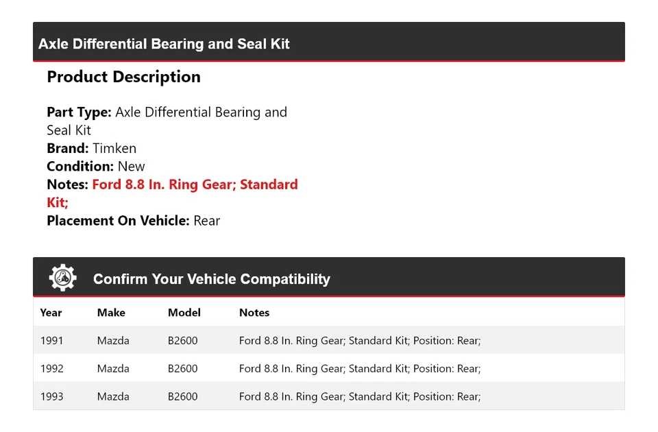 Kit de cojinete y sello diferencial de eje trasero Timken para Mazda B2600 1991-1993 Foto 2 de 3