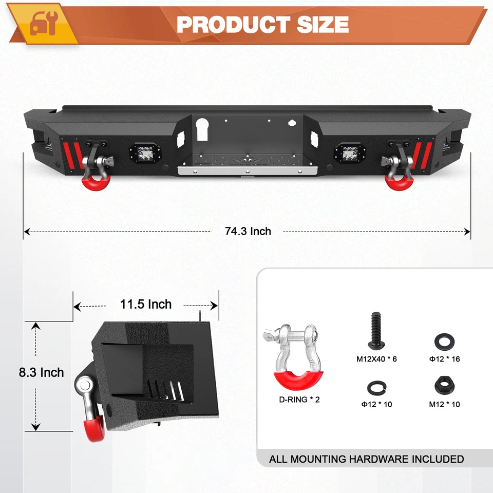 For 2015-2023 Ford F150 Black Rear Bumper With Sensor Holes+D-ring Shackles Foto 4 de 4