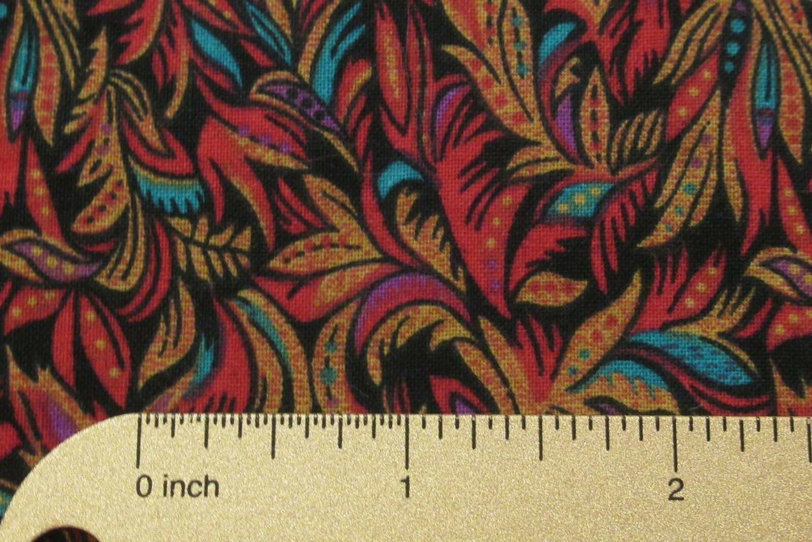 PETER PAN Fabric 100% Cotton YARDAGE Leaf/Feather Red-Orange Gold Aqua on Black