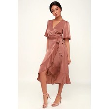 Lulus Wrapped Up In Love Mauve Satin Faux-Wrap Midi Dress M