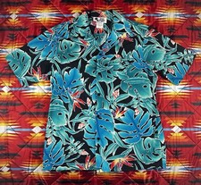 Vintage Hilo Hattie Hawaiian Shirt Mens L Button Up Floral Flowers Blue USA 90's