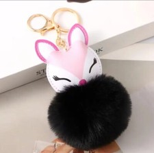 KEYRING FOX POM POM KEYCHAIN FAUX FUR FLUFFY BAG CHARM JEWELRY BLACK PINK
