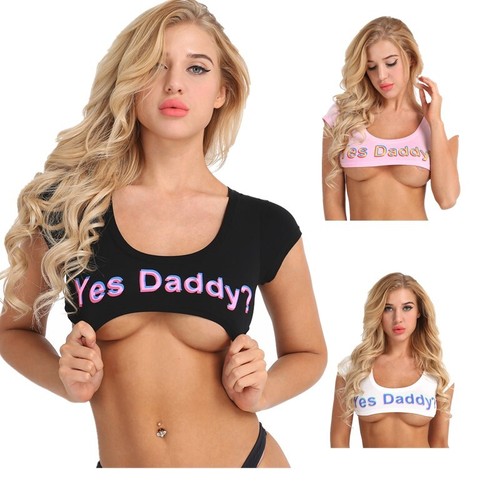 Women Yes Daddy Letter Printed Cami T-Shirts Naughty Short Sleeve Crop Tank Tops - Picture 2 of 27