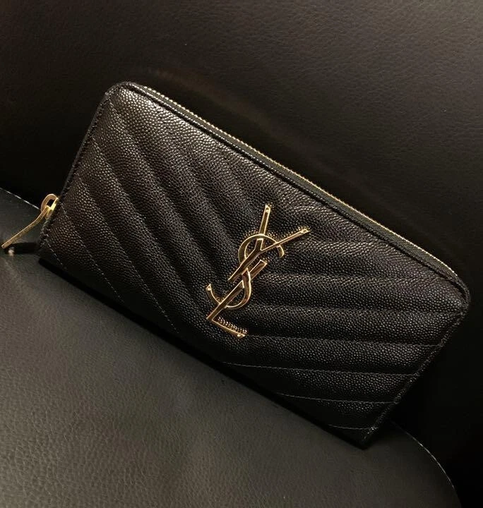 Ysl Yves Saint Laurent Logo Leather Full-Zip Wallet Black Pochette Vintage