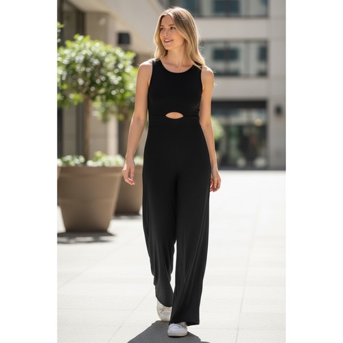 Black Cutout Palazzo Jumpsuit XL Sleeveless Wide Leg Resort Minimalist