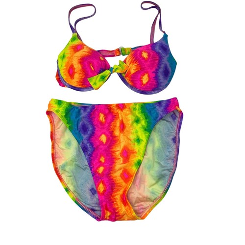 Vintage 90s Hot Mango Hi Cut Bikini Swimsuit Apx Sz M Rainbow Tie Dye Print