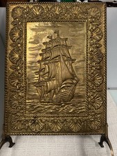 Brass Fire Screen Sailing Ship 39x58cm Free Standing Handle Vintage Nautical