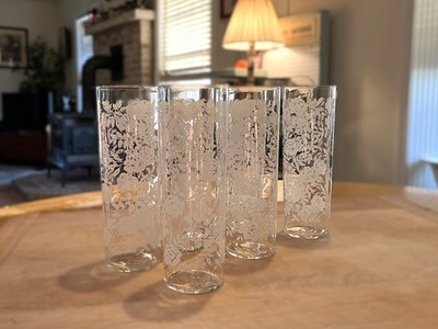 Vintage Libbey MCM Etched White Rose Highball Glasses Set of 6- (LRS6)