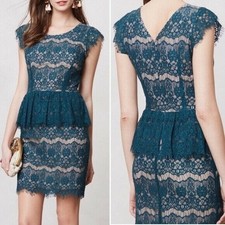 Anthropologie Maeve Elsa Peplum Mini Dress Size Small Teal Lace Cap Sleeves