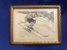 alte Künstlerzeichnung ( kein Druck!) Federzeichnung Funke 1937 HJ Ski Abfahrt