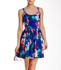 AMANDA UPRICHARD Blue Print Sleeveless Fit Flare Silk Dress Size M 10 AU