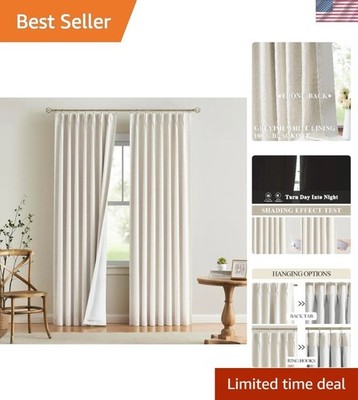 Natural Pinch Pleated Full Blackout Curtains Linen Blended Room Darkening Win...