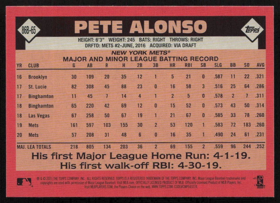 2021 Topps 1986 Topps Baseball Pete Alonso #86B-65 Mets - Image 2 of 2