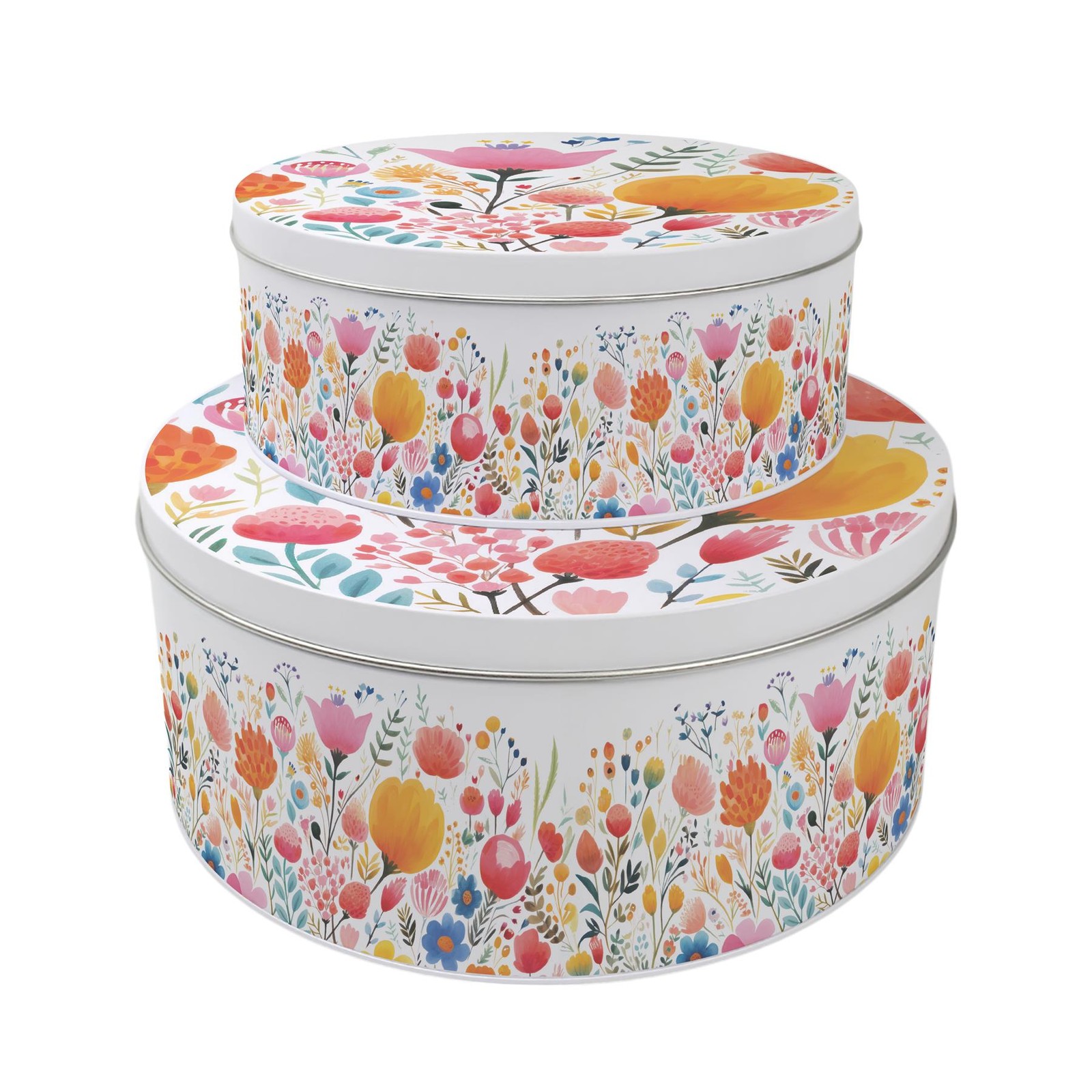 Bright Floral Round Cake Tin Set - Metal Storage Baking Gifts Set of 2