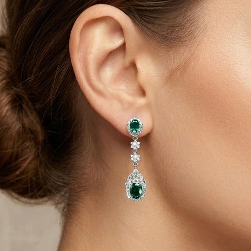 Precious Vivid Green Emerald 4.10Ct 925 Sterling Silver White Gold Halo Earrings