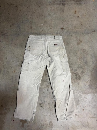 Y2K 2000s Distressed and Faded Cream Baggy Dickies Carpenter Jeans