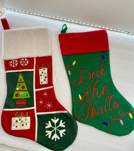 2 Christmas Stocking Red 18" Tree Snowflakes Green 16" Deck The Halls ...